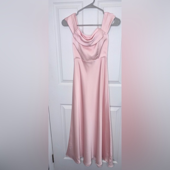 NWT Birdy Grey Blush Pink Satin Midi Dress Bridesmaid Formal Prom Sz XS - Picture 2 of 5